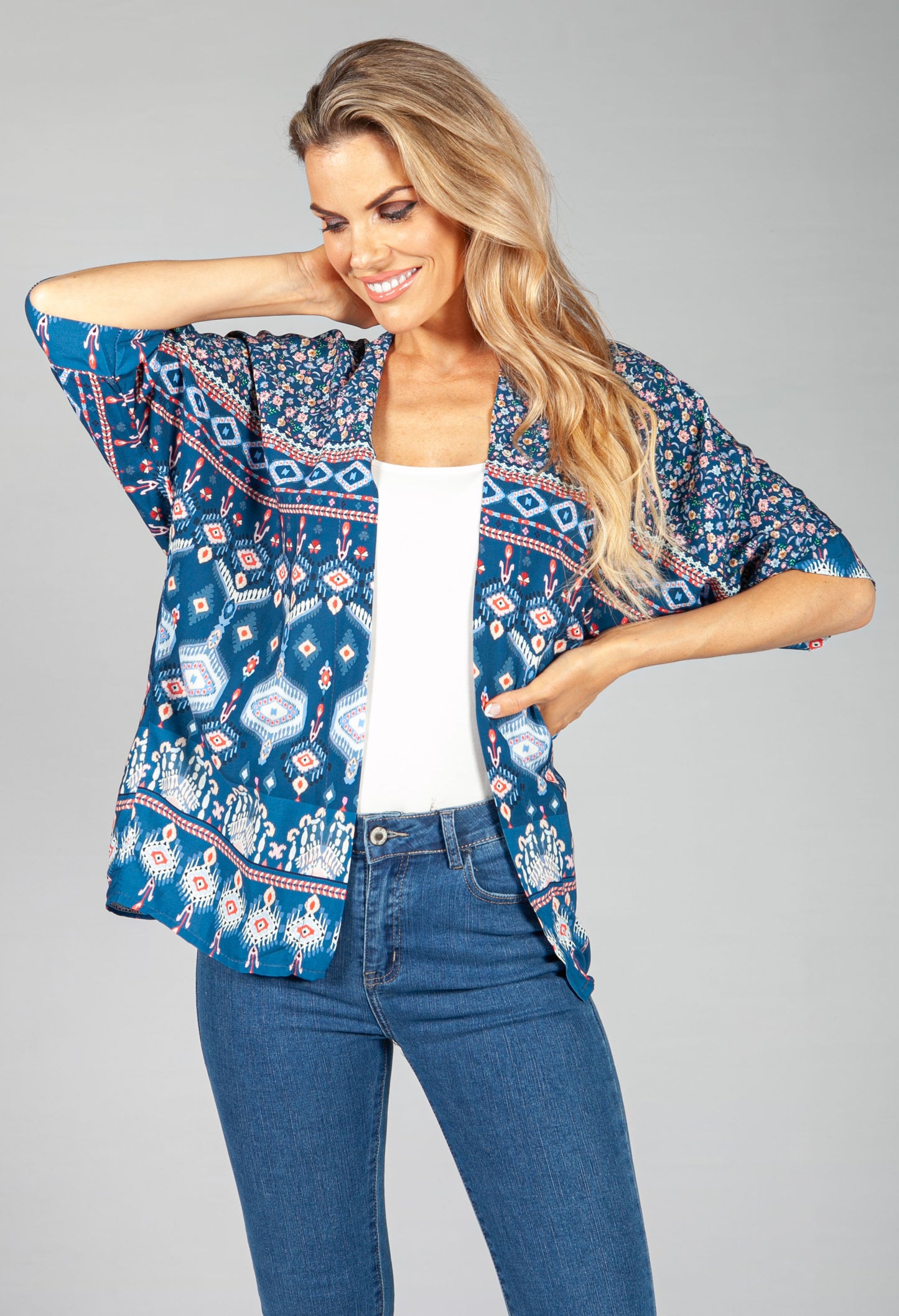 Navy Geometric Kimono Style Cardigan