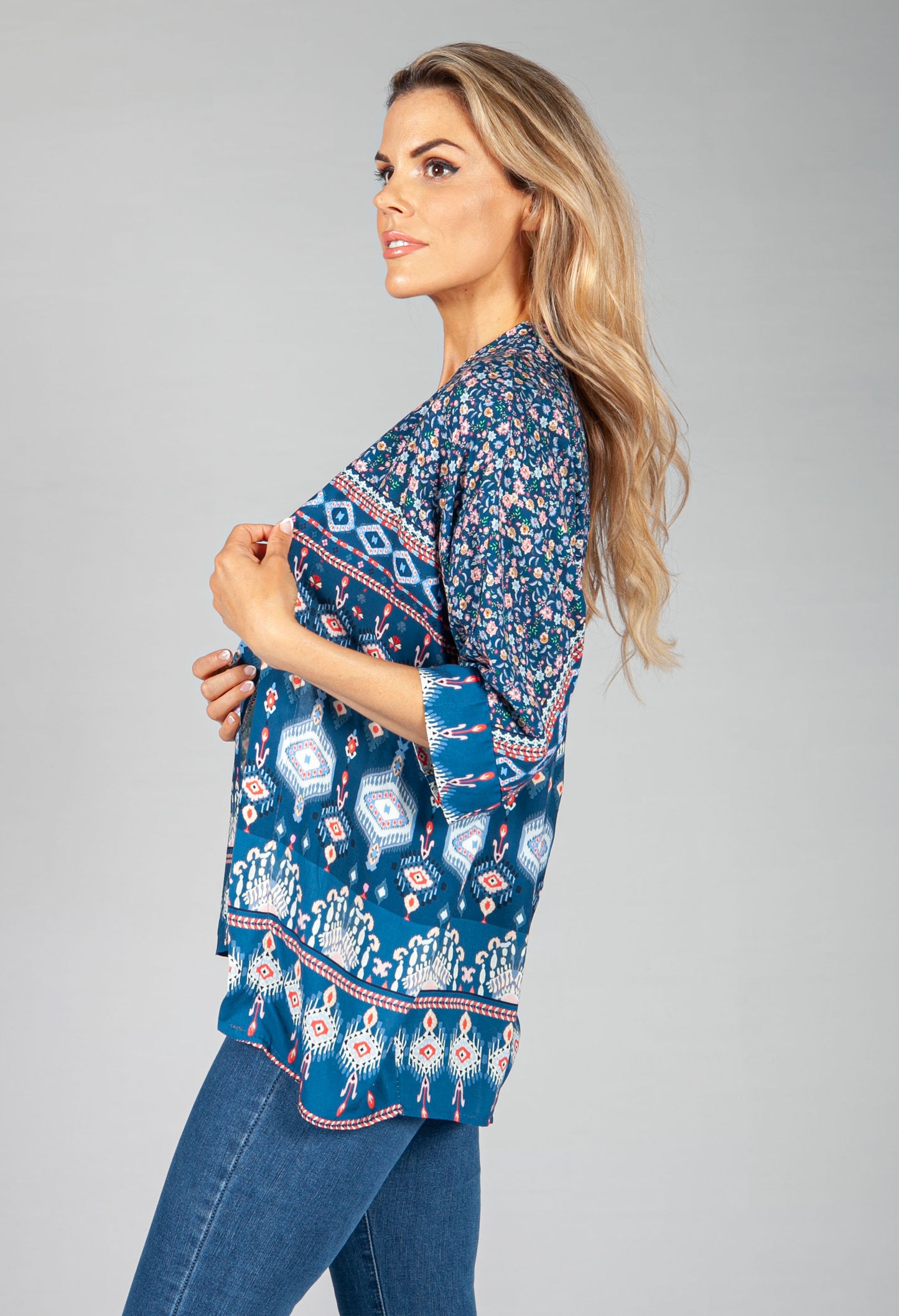 Navy Geometric Kimono Style Cardigan