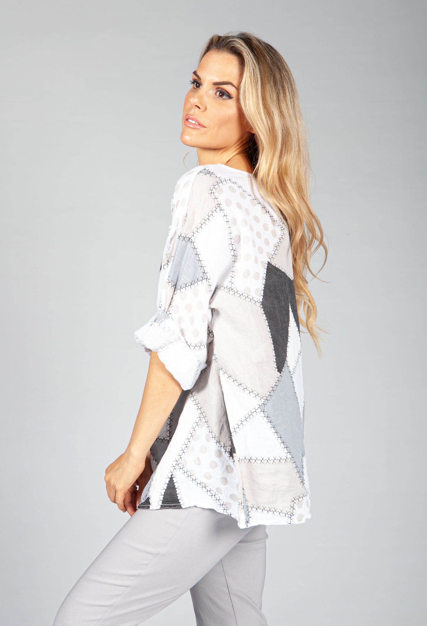 White Patchwork Print Top