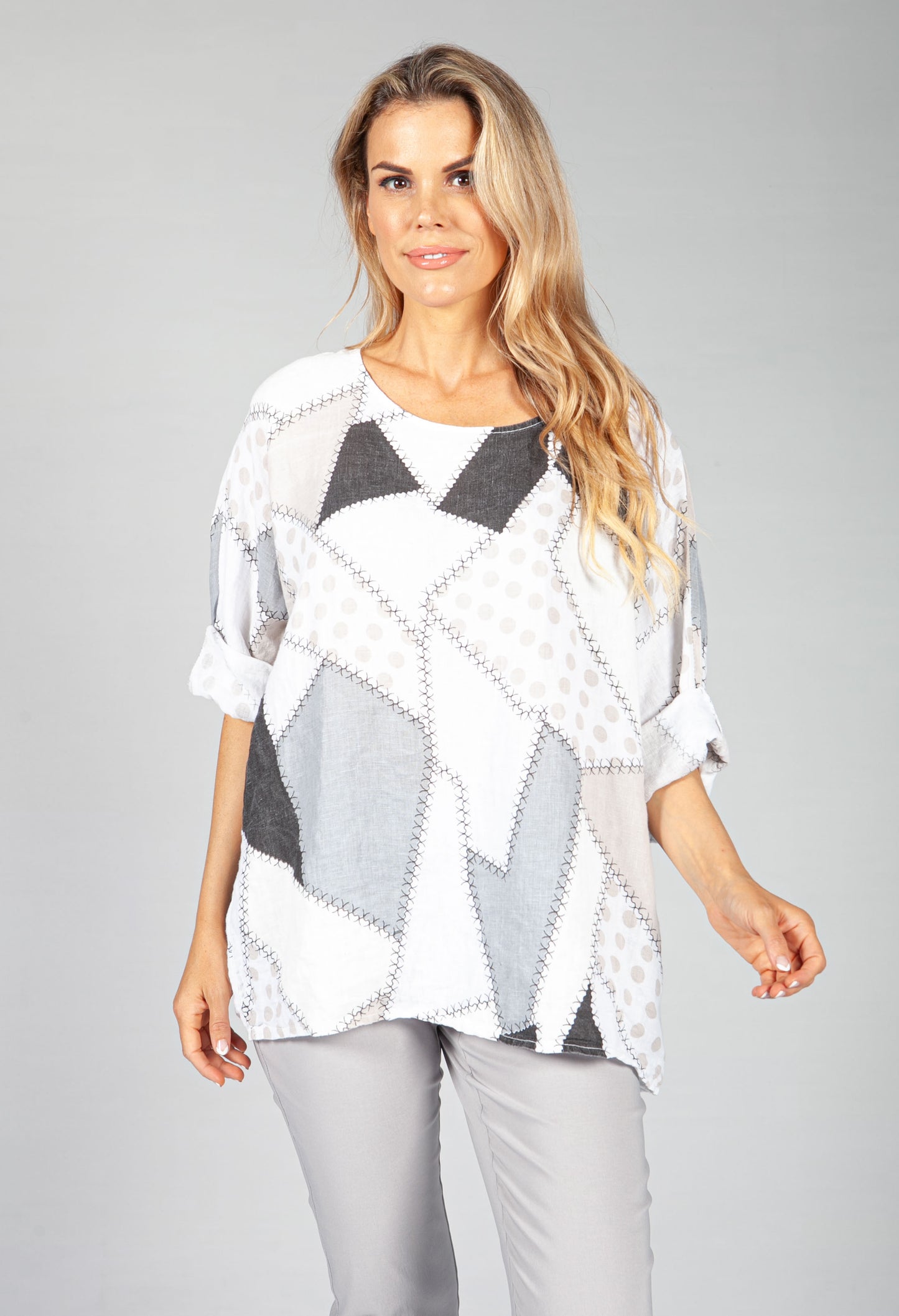 White Patchwork Print Top