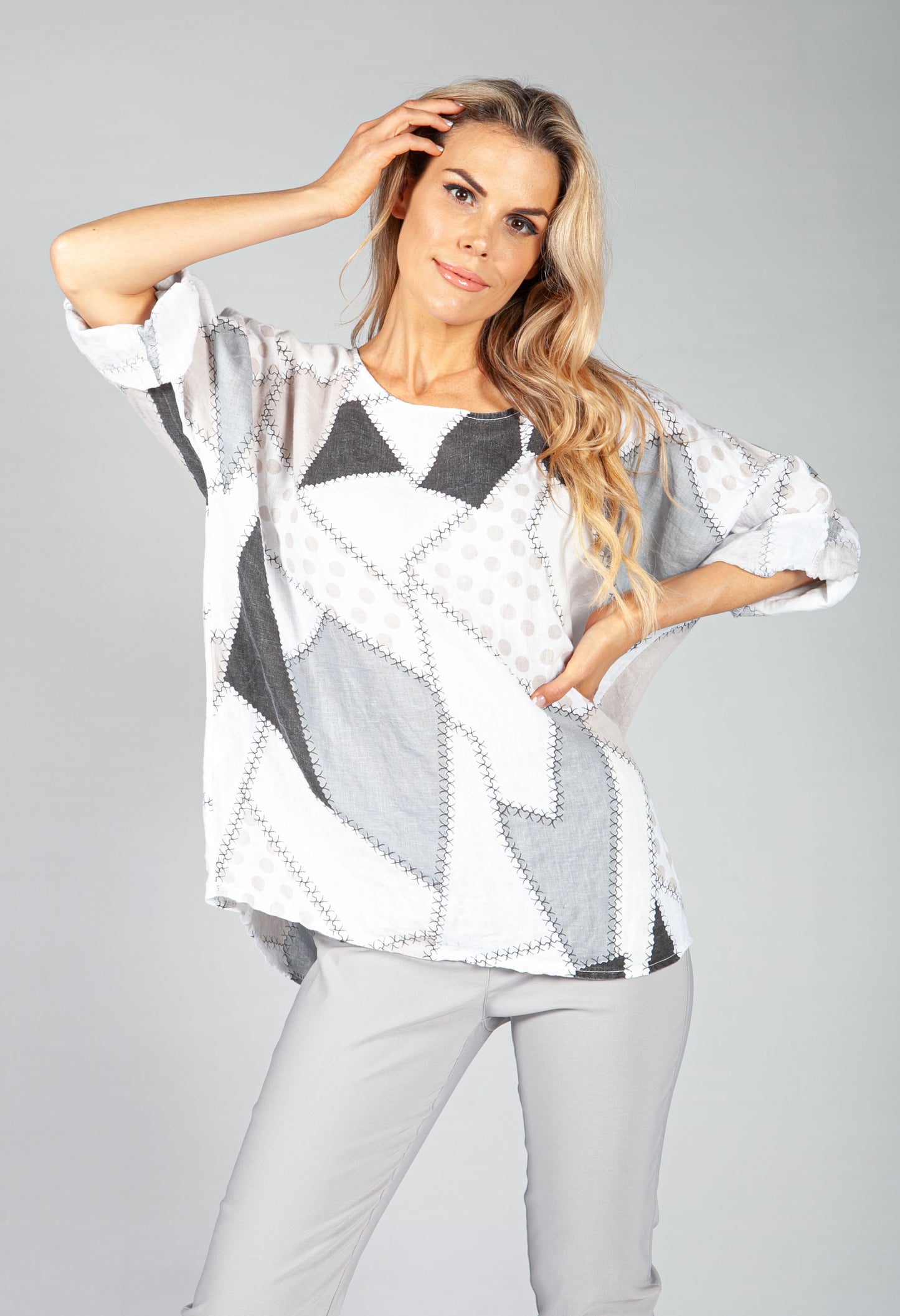 White Patchwork Print Top