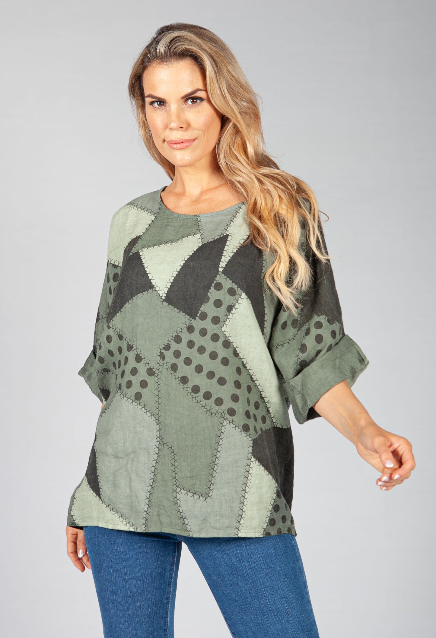 Khaki Patchwork Print Top