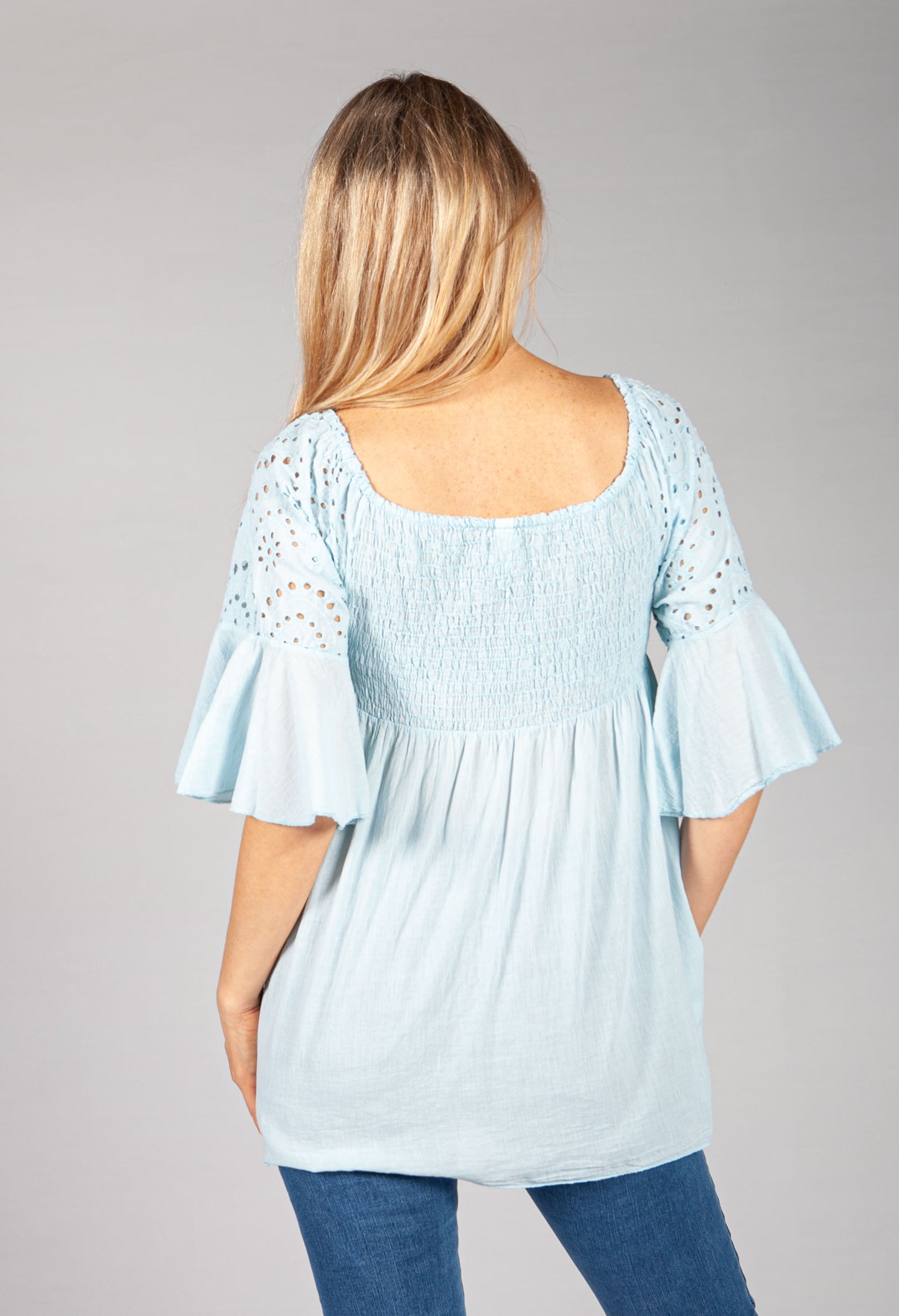 Cool Blue Embroidered Peasant Blouse