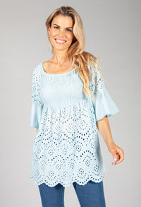 Cool Blue Embroidered Peasant Blouse