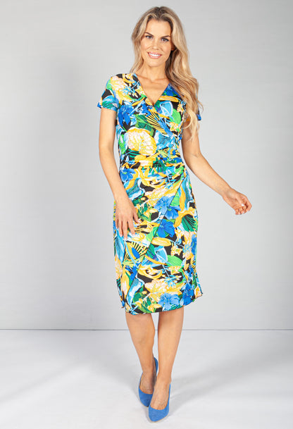 Ruched Waist Dress in Floral Yellow Print