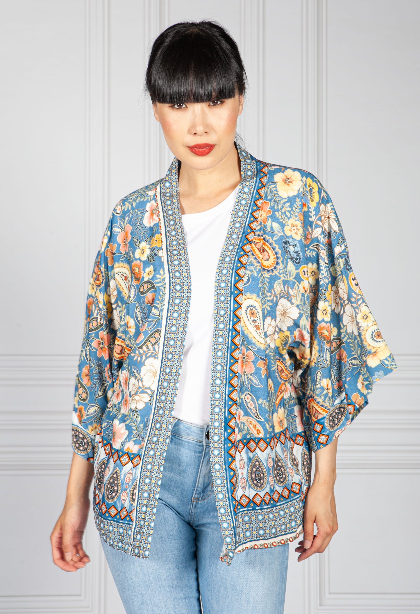 Vintage Floral Kimono Style Cardigan in Blue