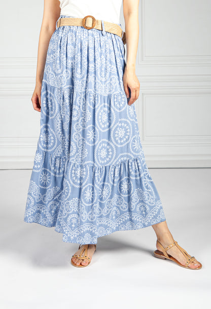 Stitching Print Boho Skirt in Blue