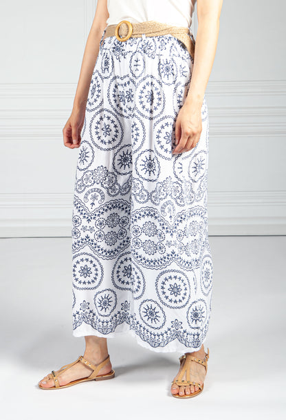 Stitched Print Trousers in White and Navy