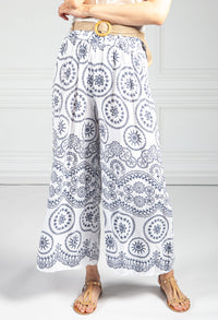 Stitched Print Trousers in White and Navy