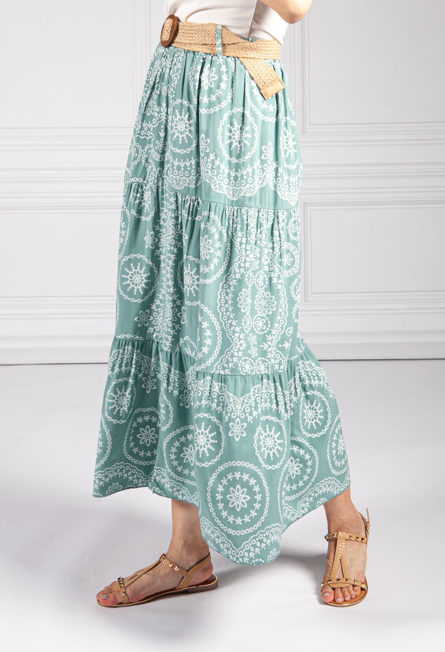 Stitching Print Boho Skirt in Light Green