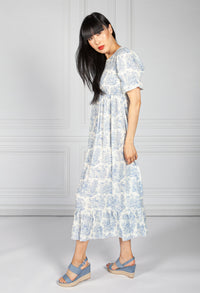 Blue Delicate Print Dress Smocking Bodice