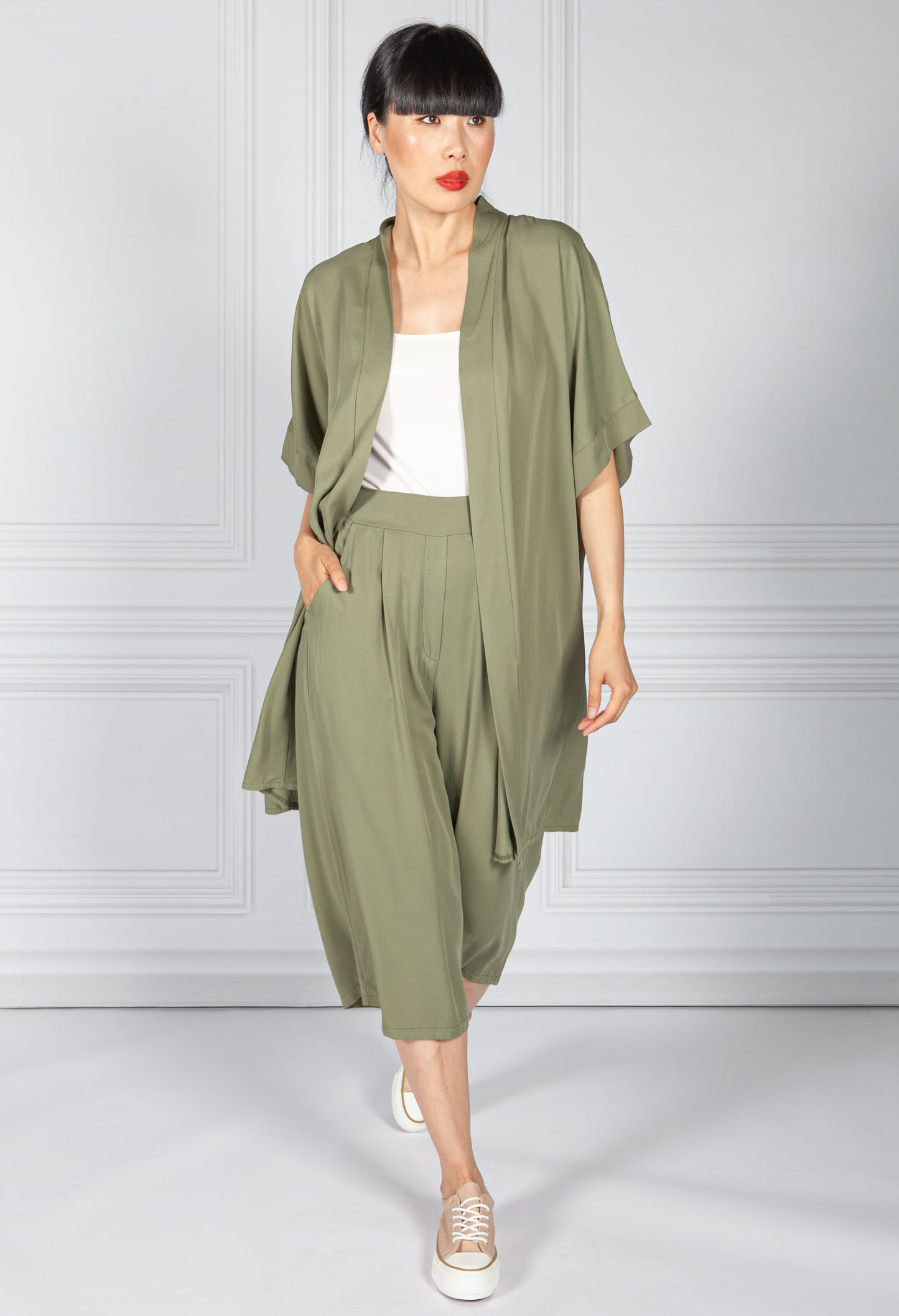 Khaki Maxi Kimono Style Cardigan & Pant Set