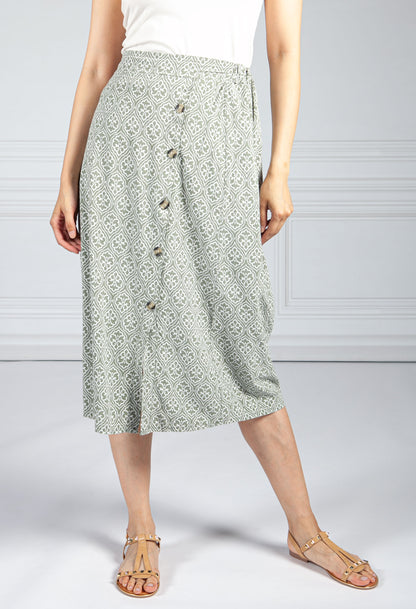 Sage Button Through Vintage Print Skirt