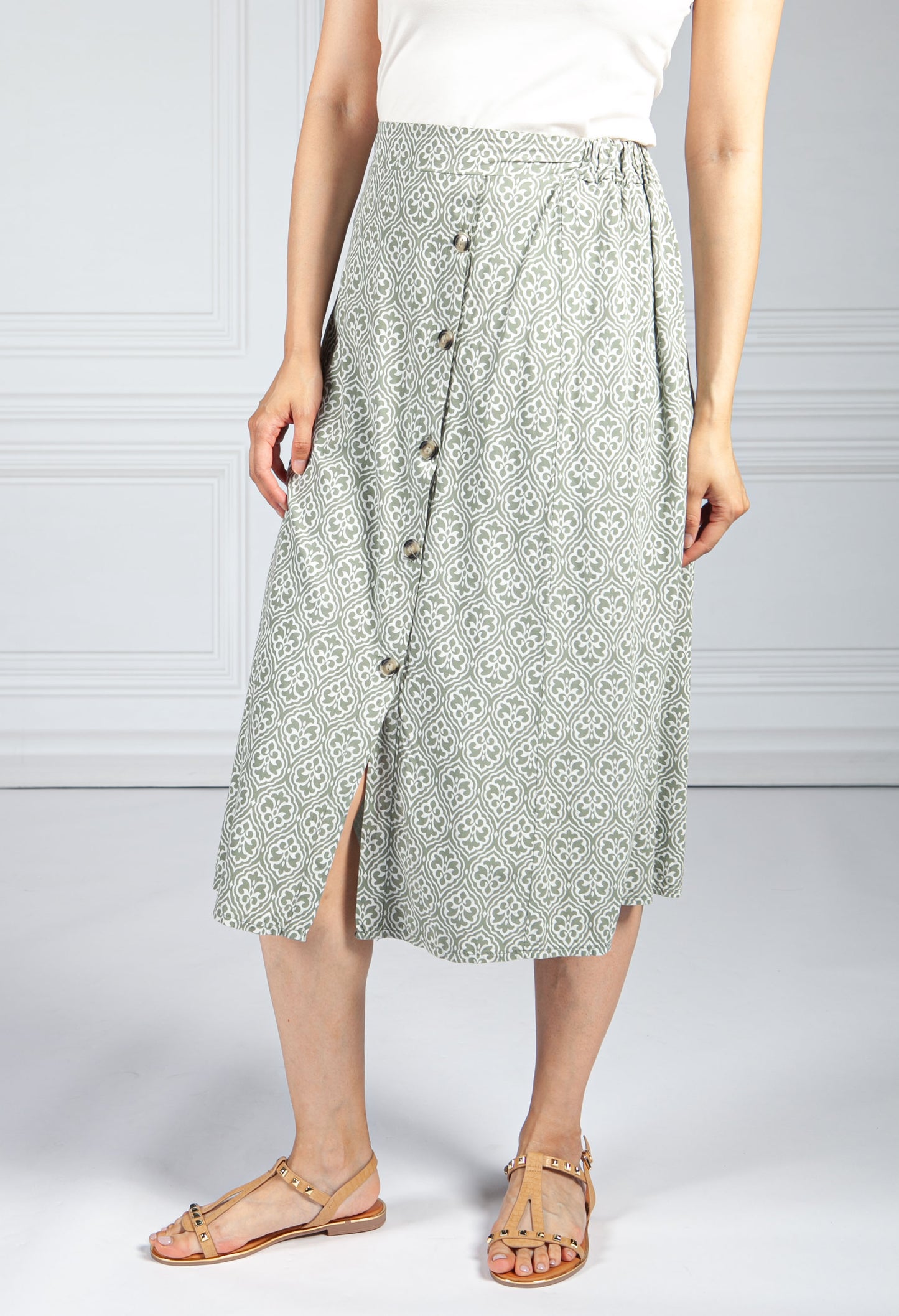 Sage Button Through Vintage Print Skirt