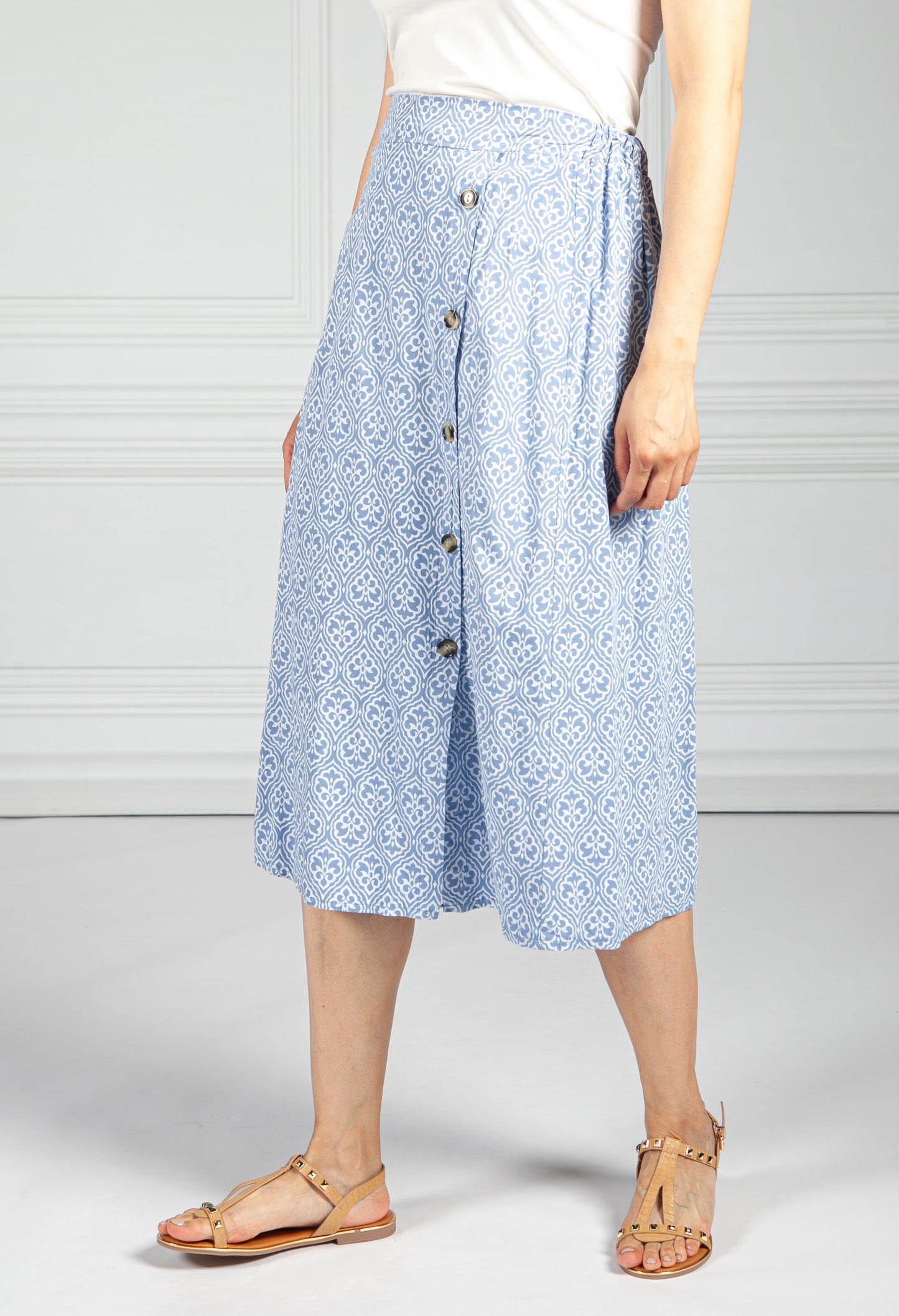 Afternoon Sky Button Through Vintage Print Skirt