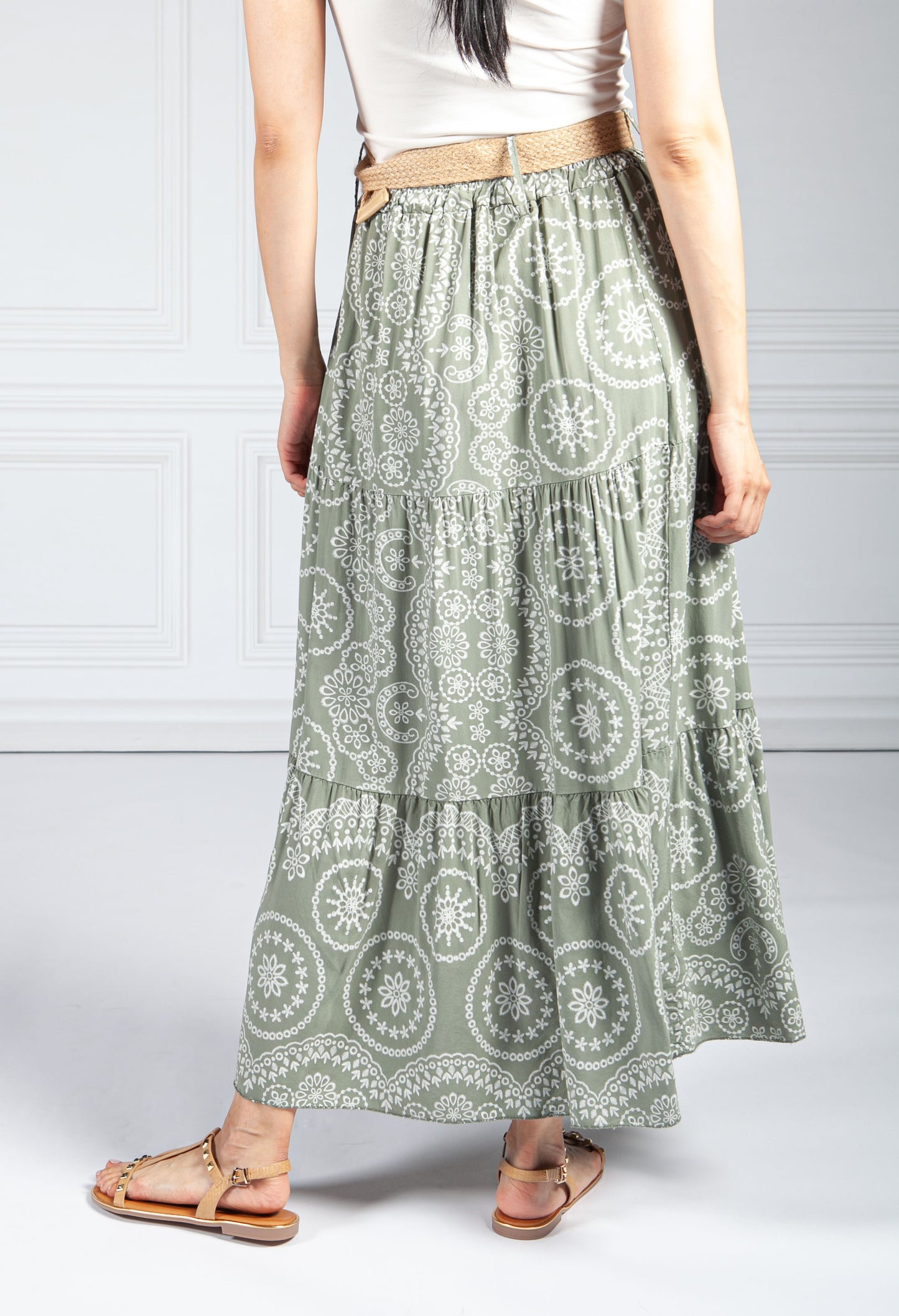 Stitching Print Boho Skirt in Olive