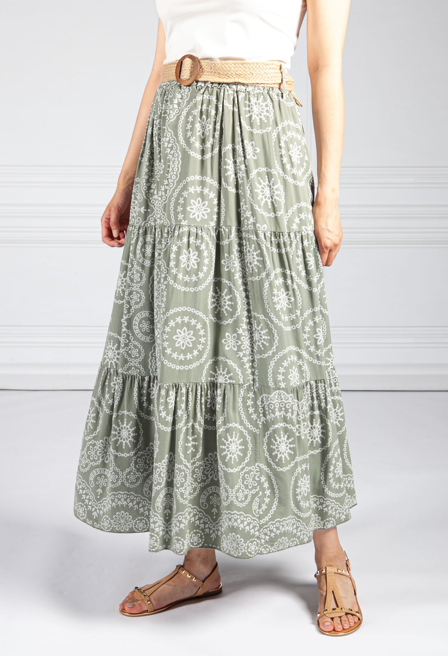 Stitching Print Boho Skirt in Olive