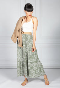 Stitching Print Boho Skirt in Olive