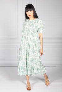 Green Delicate Print Dress Smocking Bodice