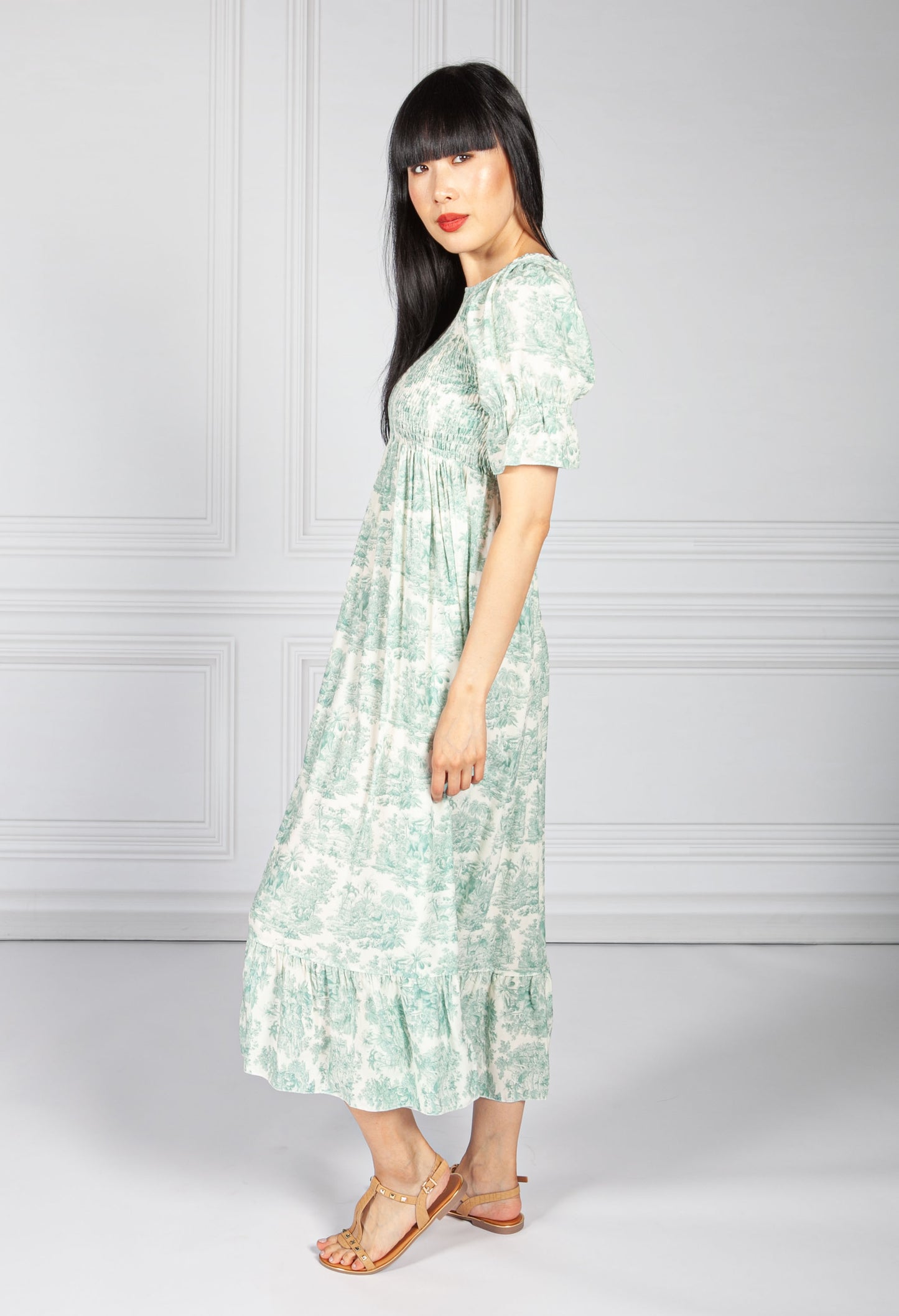 Green Delicate Print Dress Smocking Bodice