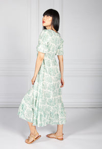 Green Delicate Print Dress Smocking Bodice