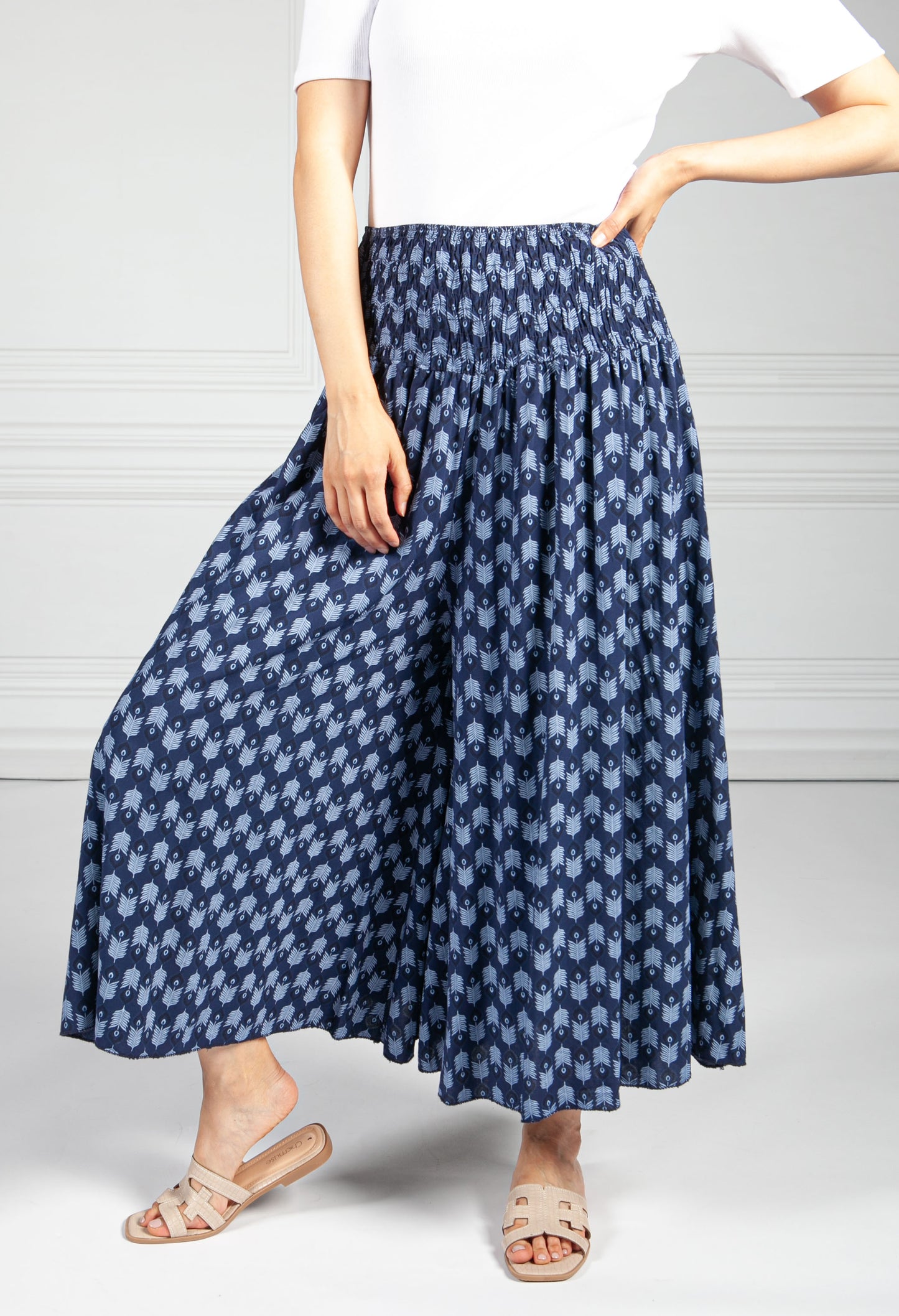 Peacock Print Trousers in Navy