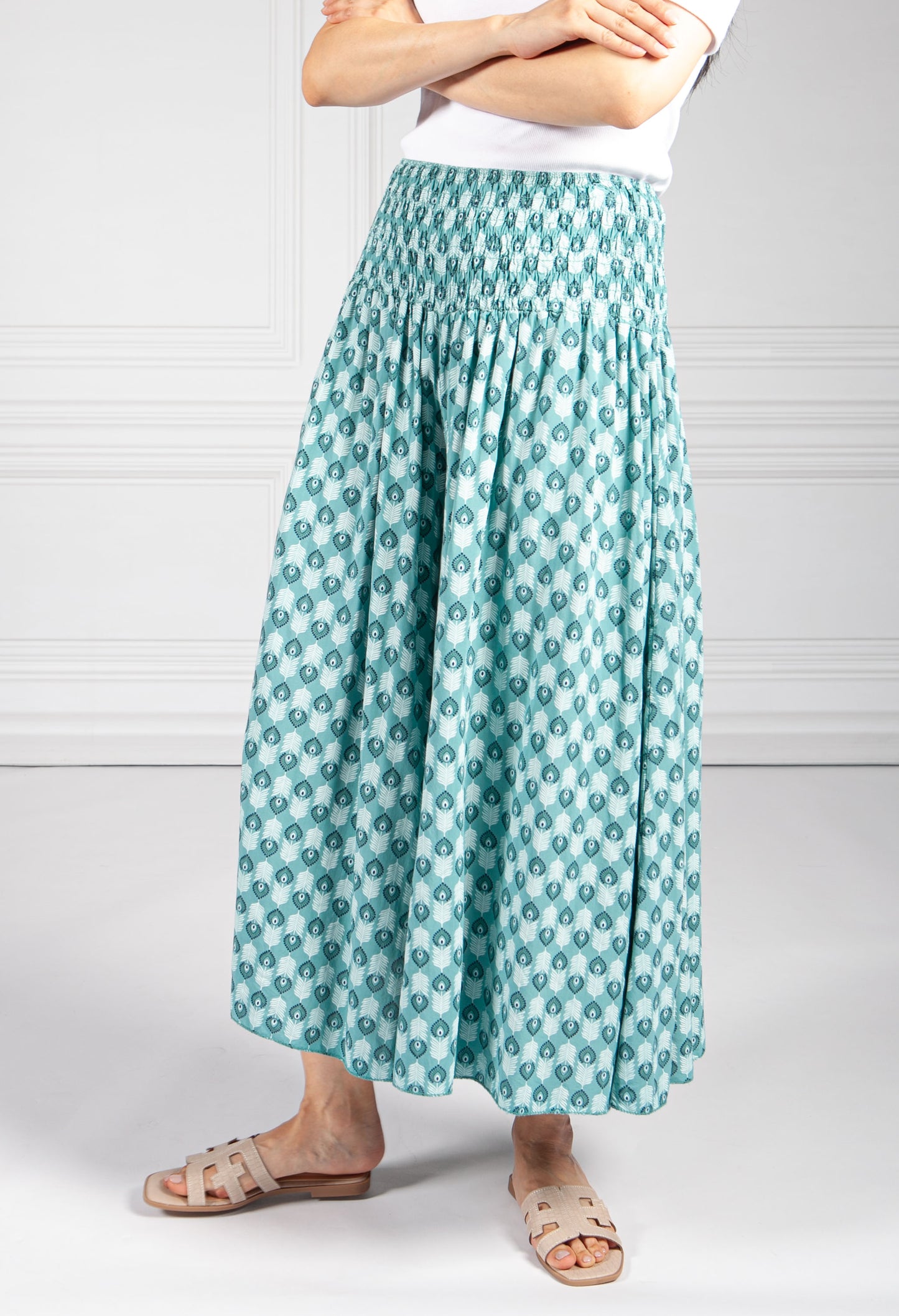 Fern Green Peacock Print Trousers