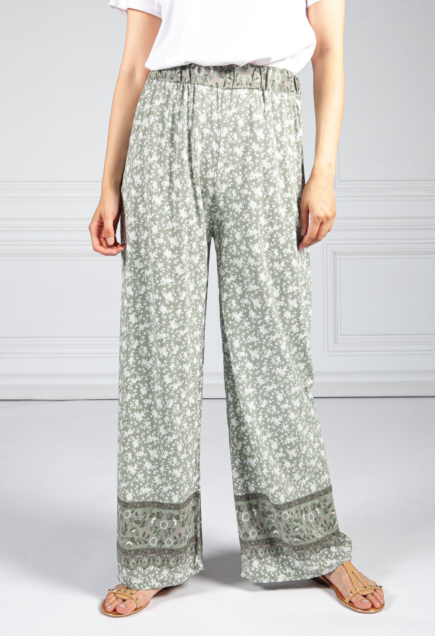 Rose Blossom Printed Trousers in Khaki