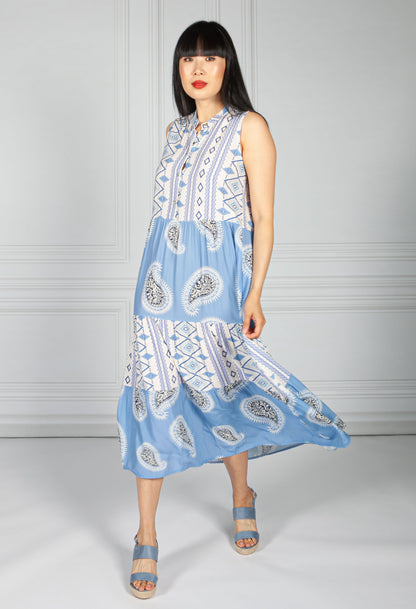 Collarless Tribal Print Dress in Blue