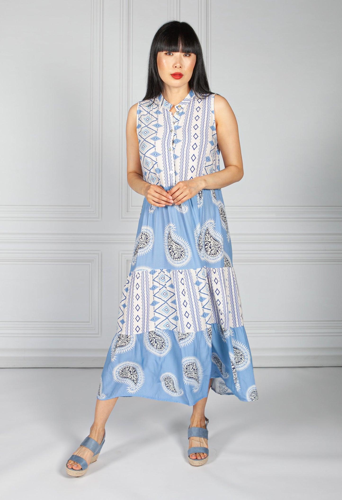 Collarless Tribal Print Dress in Blue