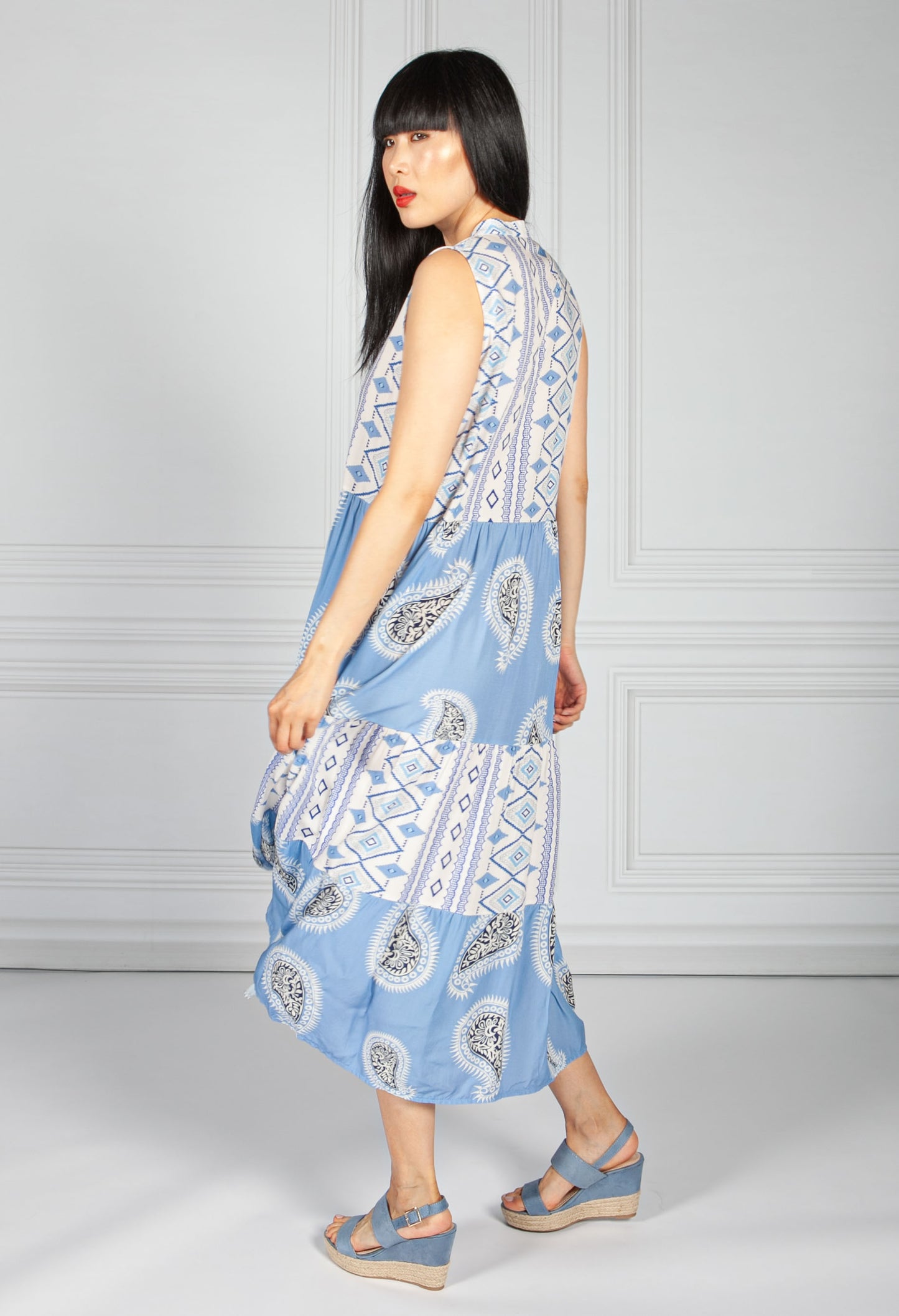 Collarless Tribal Print Dress in Blue