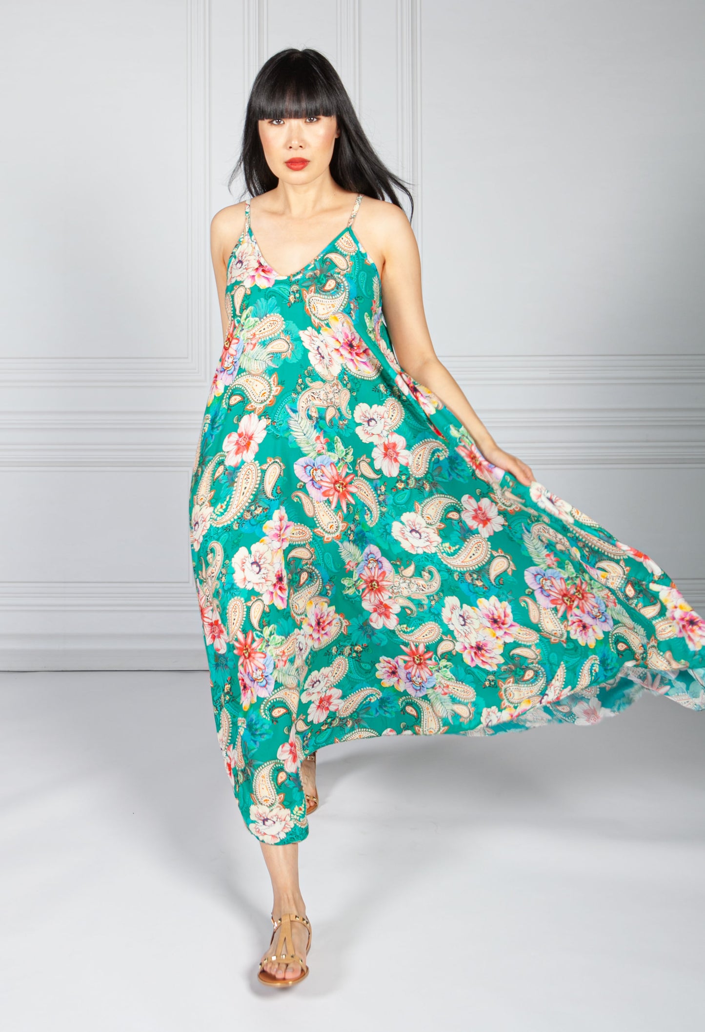 Emerald Green Abstract Print Maxi Dress