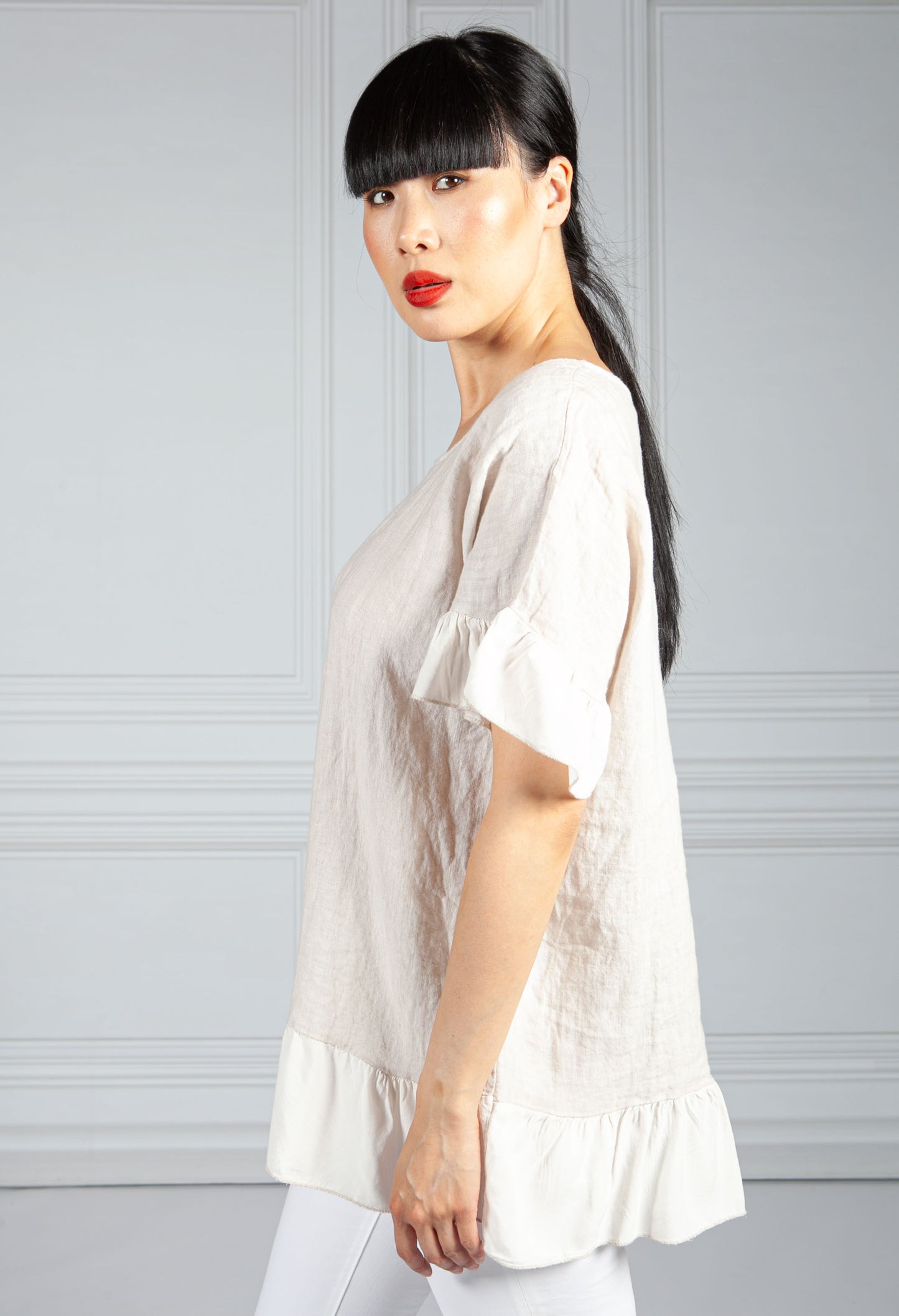 Ruffle Detail Linen Blouse in Sand