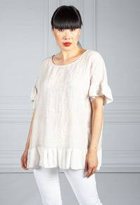 Ruffle Detail Linen Blouse in Sand