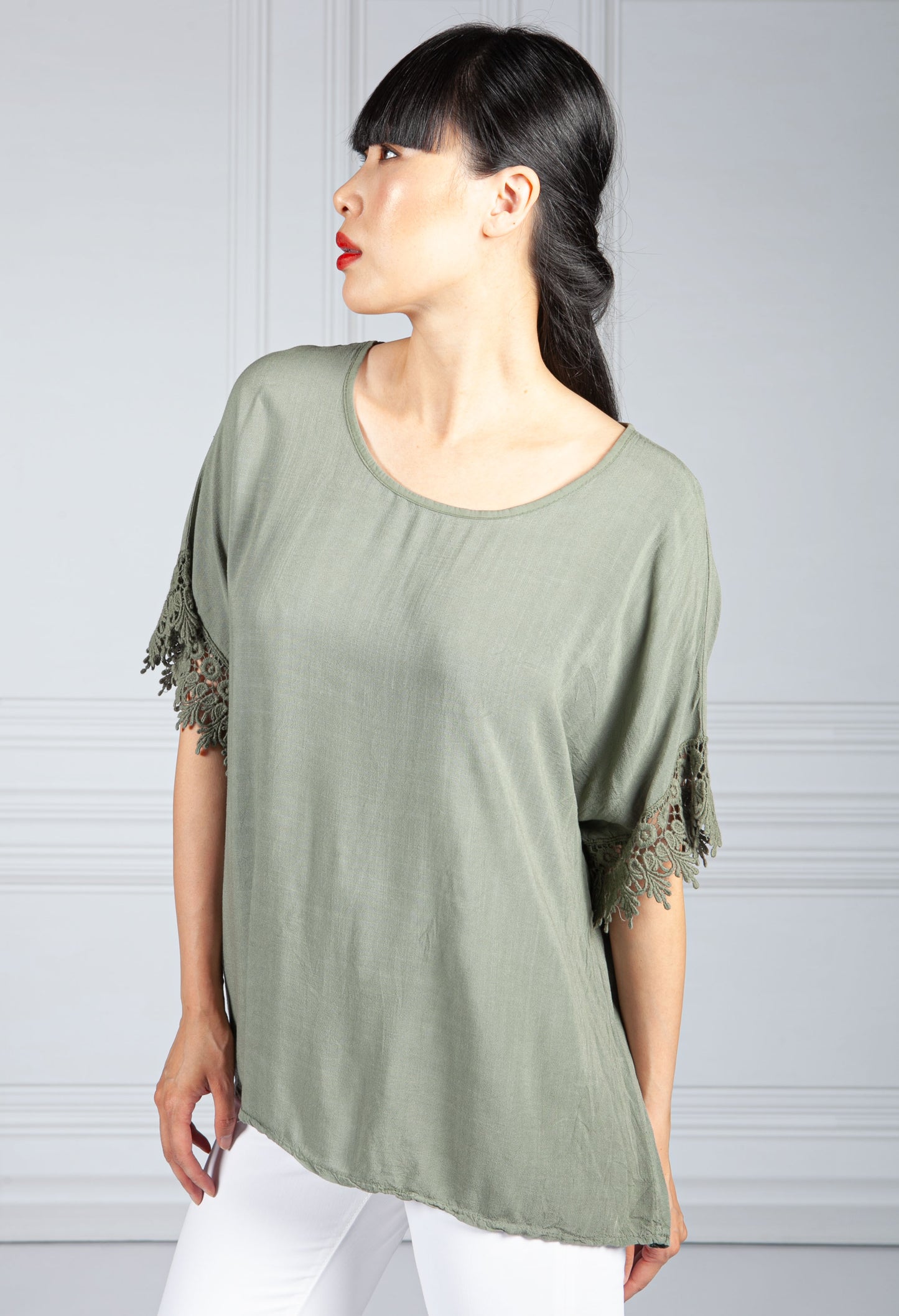 Deep Khaki Lace Trim Blouse