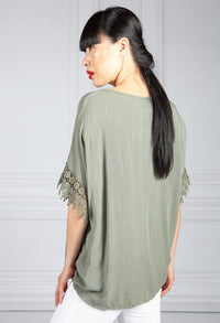 Deep Khaki Lace Trim Blouse