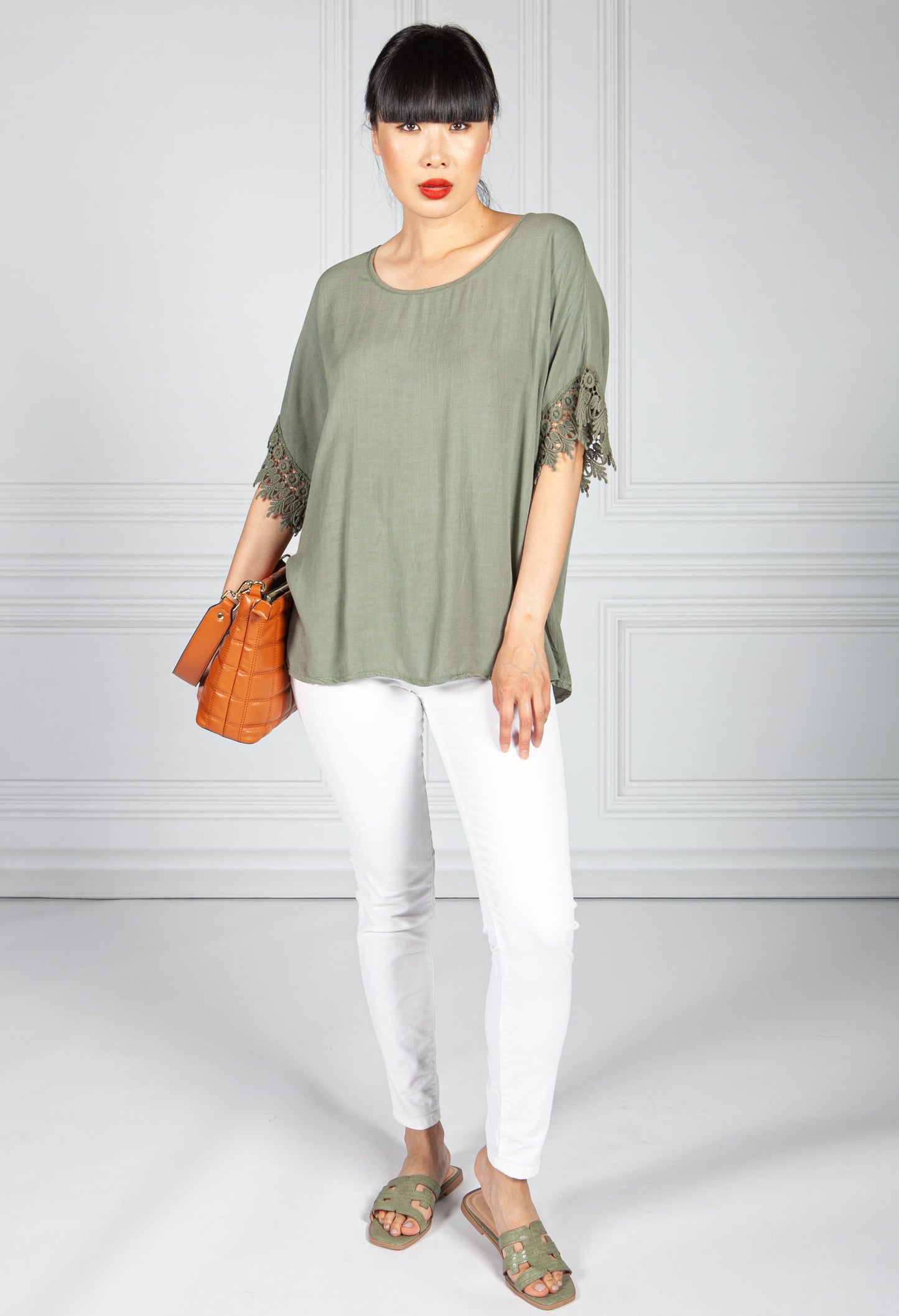 Deep Khaki Lace Trim Blouse