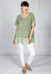 Ruffle Detail Linen Blouse in Khaki