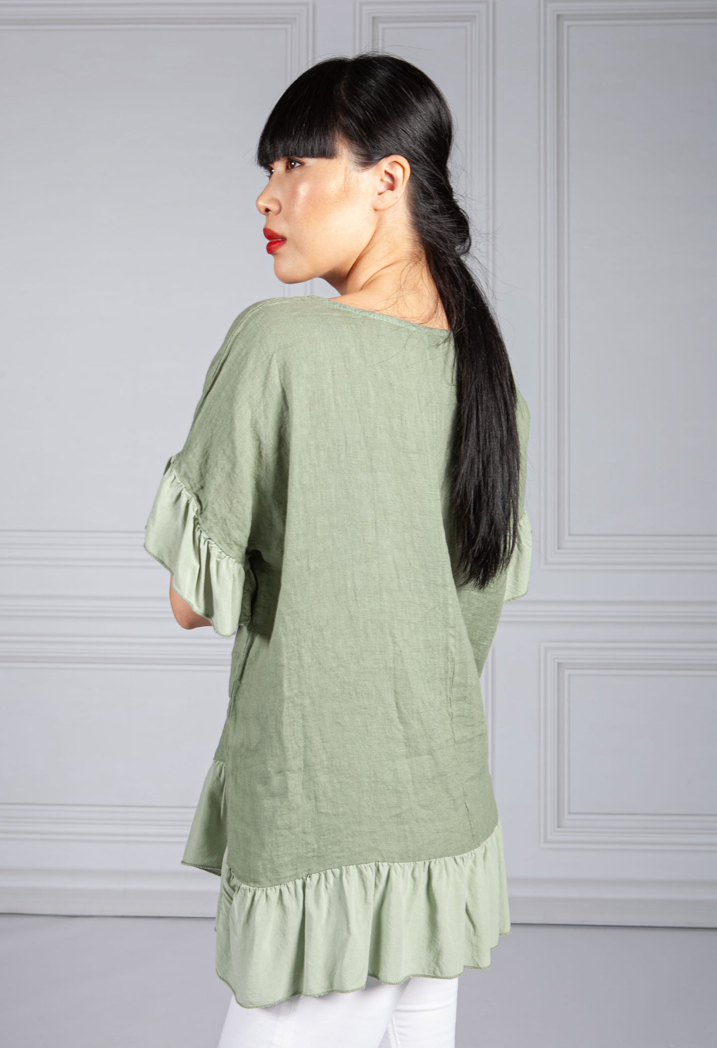 Ruffle Detail Linen Blouse in Khaki