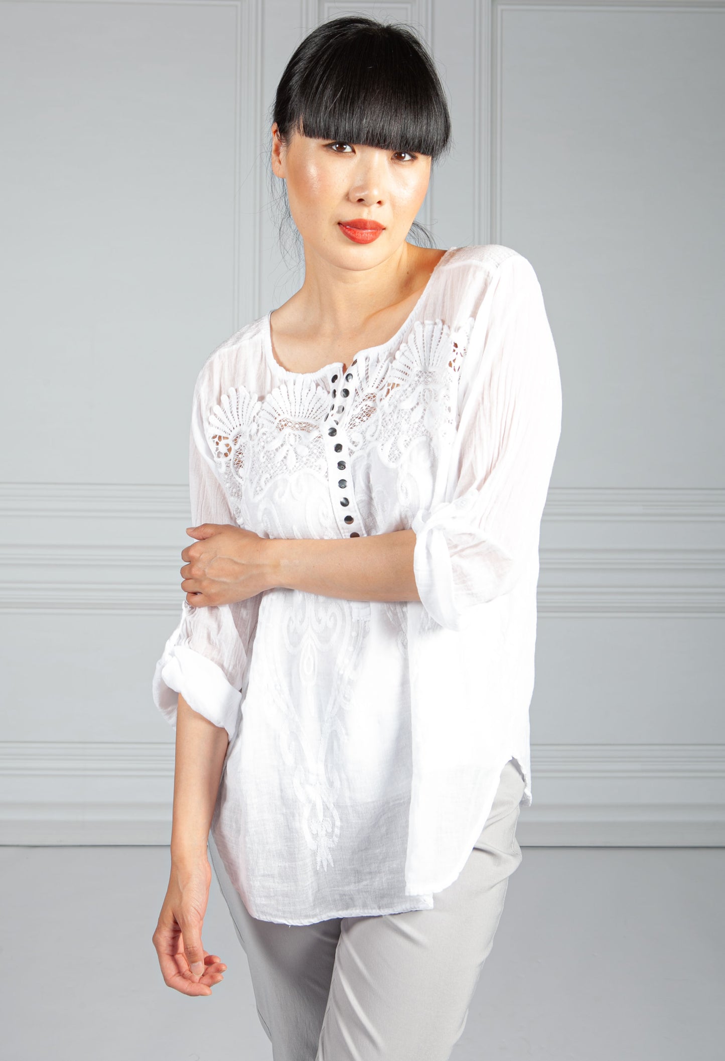 White Button Down Embroidered Blouse