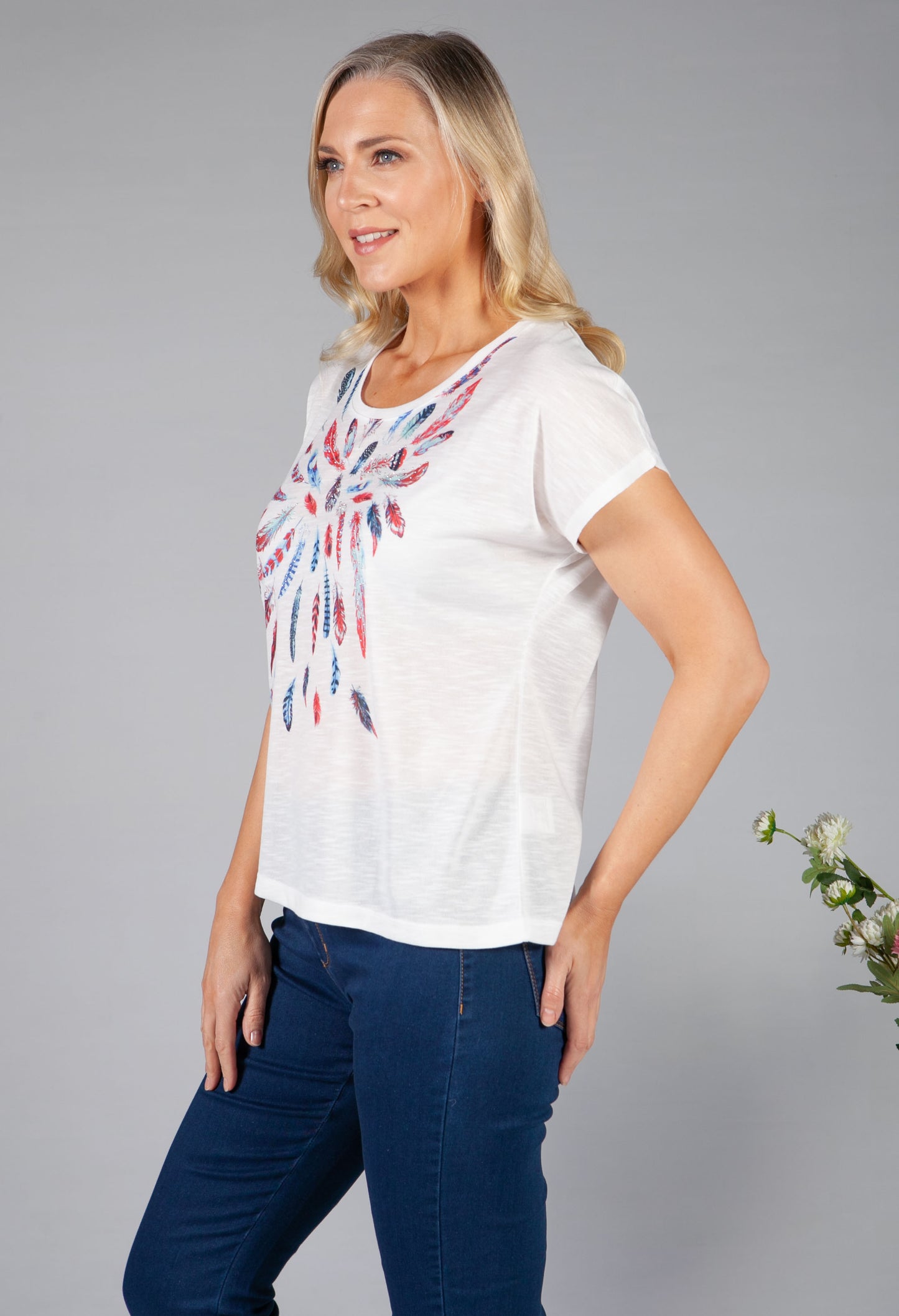 Feather Print Top with Diamante Detailing