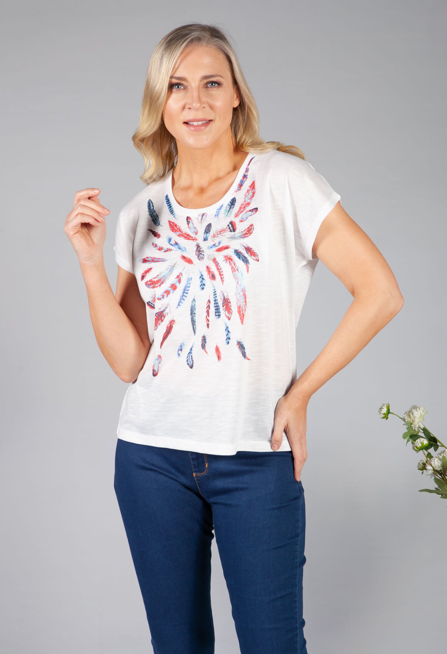 Feather Print Top with Diamante Detailing