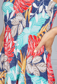 Mixed Palm Print Dress in Denim Blue