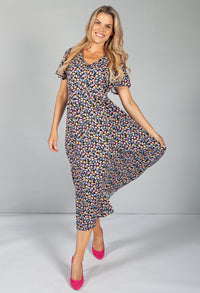 Button Through Flower Pop dress in Midnight Blue