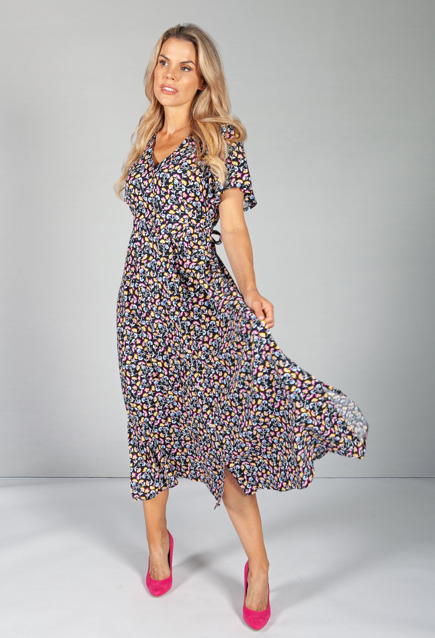 Button Through Flower Pop dress in Midnight Blue