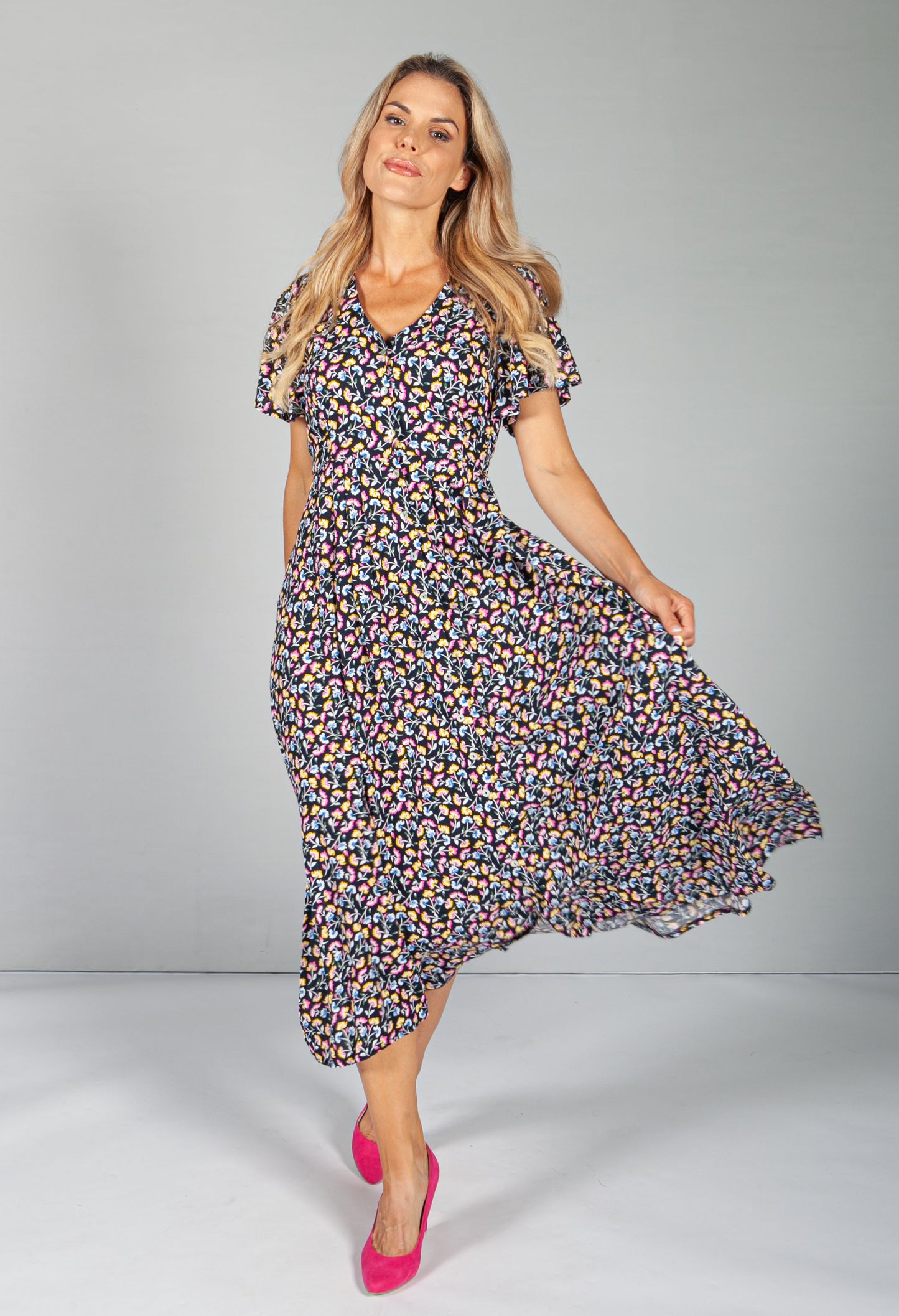 Button Through Flower Pop dress in Midnight Blue