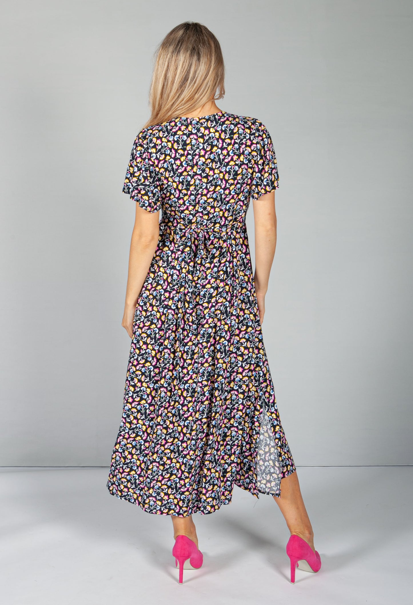 Button Through Flower Pop dress in Midnight Blue