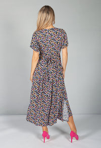 Button Through Flower Pop dress in Midnight Blue