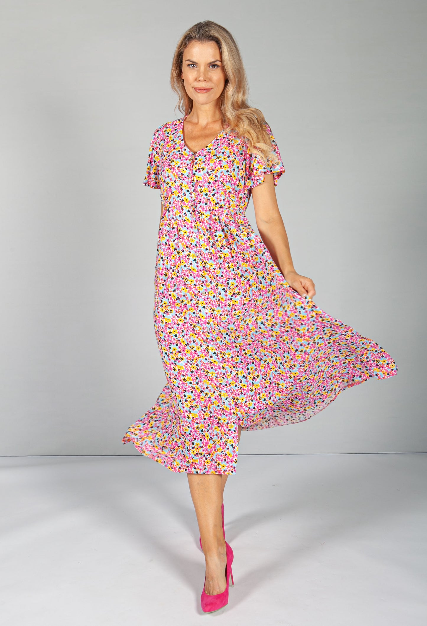 Button Through Flower Pop Dress in Pink