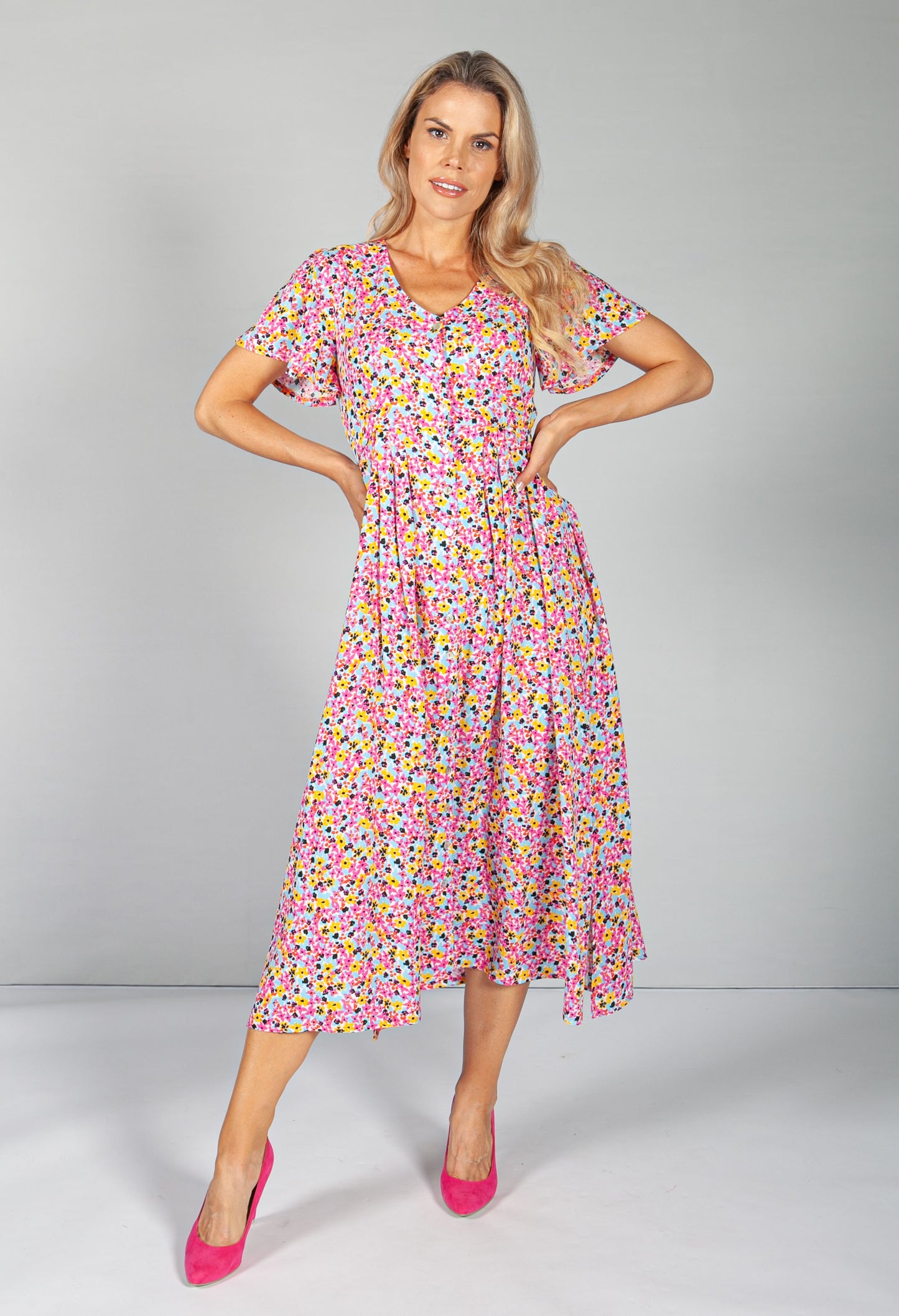 Button Through Flower Pop Dress in Pink